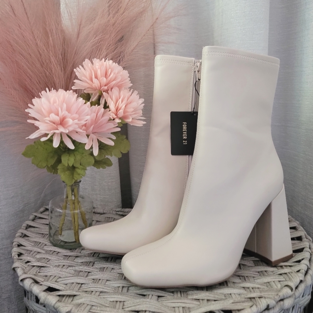 Block Heel Boots | Ivory White Faux Leather | Chunky Heel Booties | Sold Out ✨️